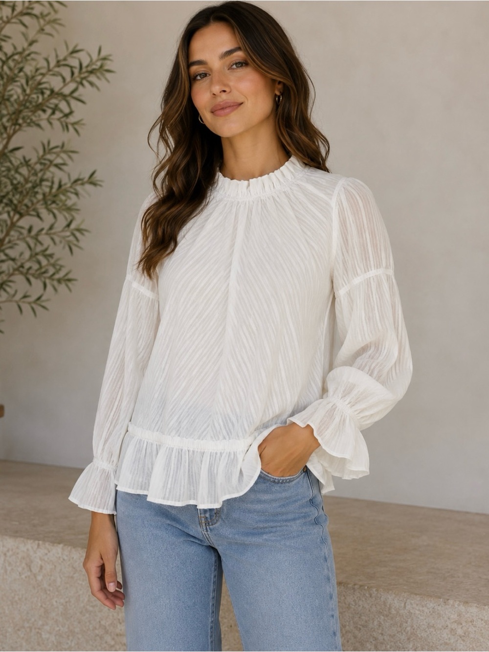 Derek Lam Denim White Textured Ruffle Mock Neck Blouse Size S/P